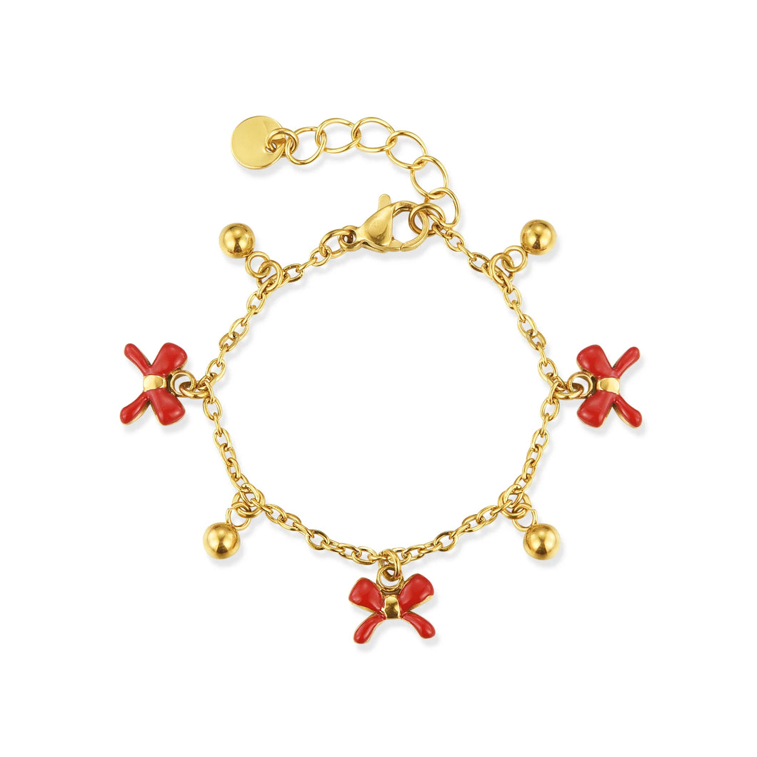 Dangling Red Bows and Gold Balls Charm Bracelet
