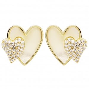 Mother Of Pearl And White CZ Heart Stud Earrings