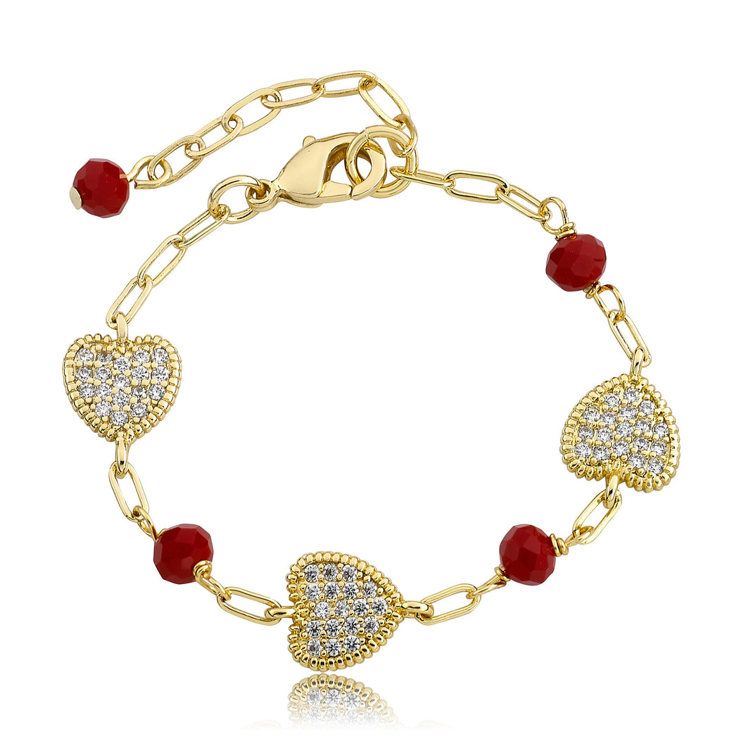 Paperclip Chain CZ Hearts & Red Bead Bracelet