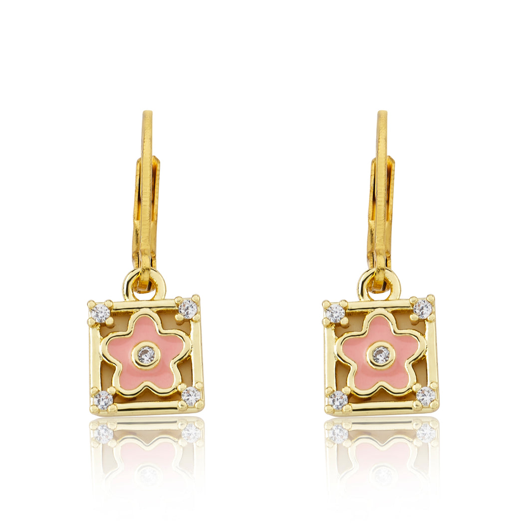 Pink Flower With CZ Cornered Square Earrings